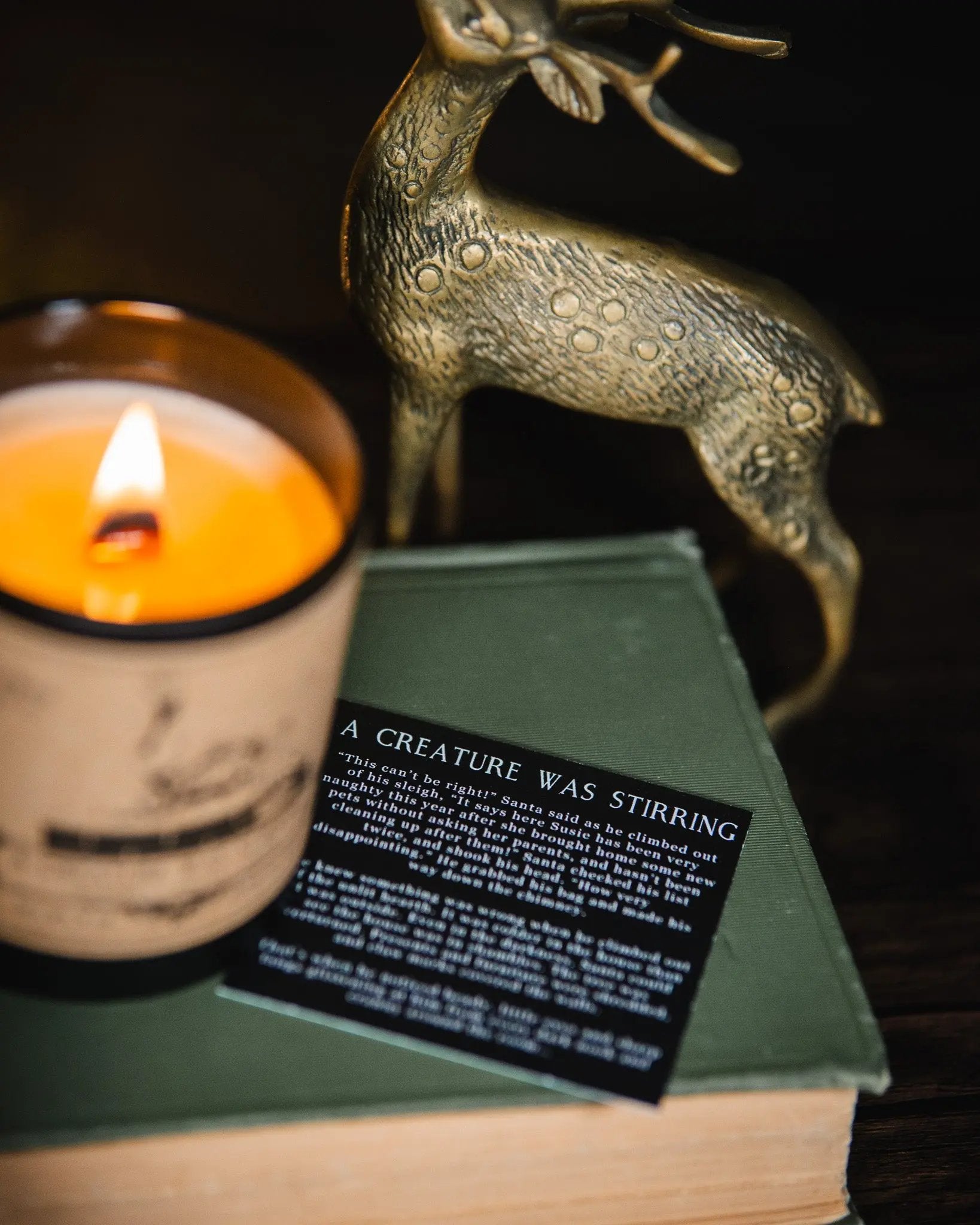 An image of the story card for "A Creature Was Stirring" in focus next to a lit candle. 